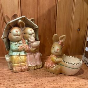 Vintage Bunny figurines under umbrella and small bunny egg holder 20th century